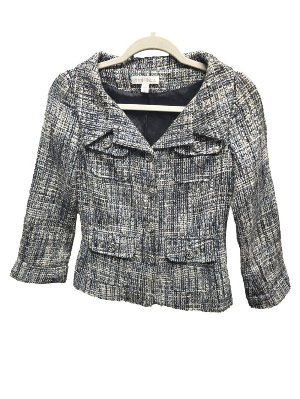 White House Black Market Navy and Gray Tweed Cropped Blazer Sz.2